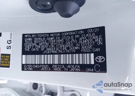 2021 Toyota Corolla Le z USA, uszkodzony, nr VIN JTDEPMAE7MJ178779